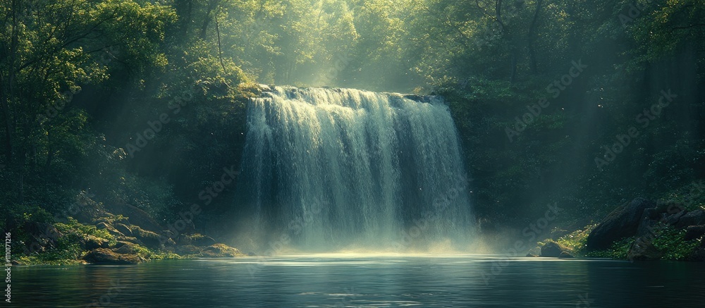 Poster Serene waterfall cascading through lush green forest with sunlight filtering through mist creating a tranquil natural landscape scene