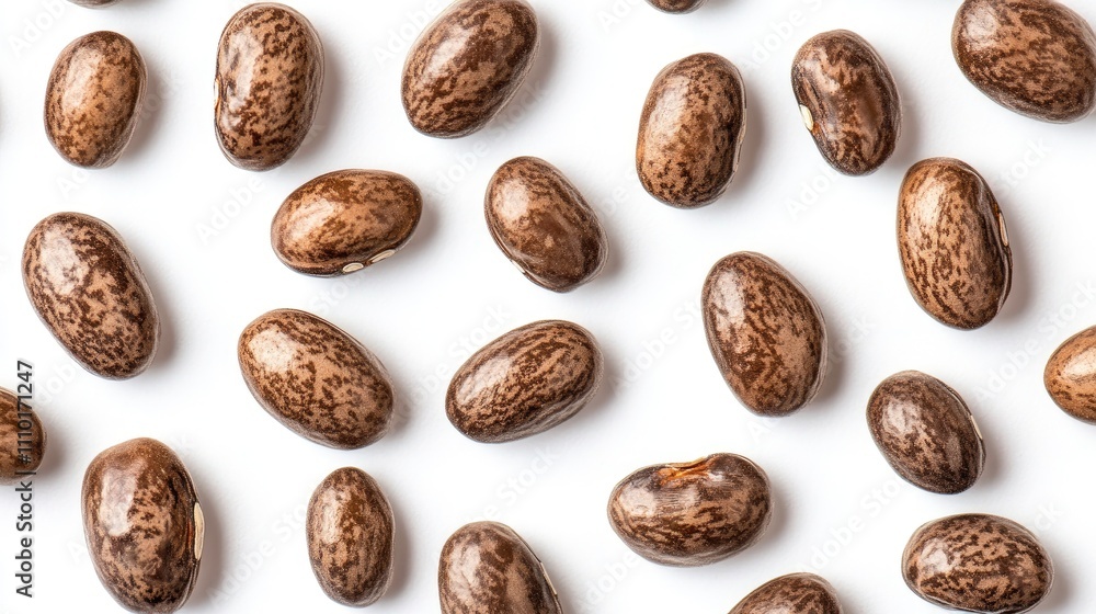 Aufkleber brown beans scattered on a white background showcasing their unique patterns and textures in an over