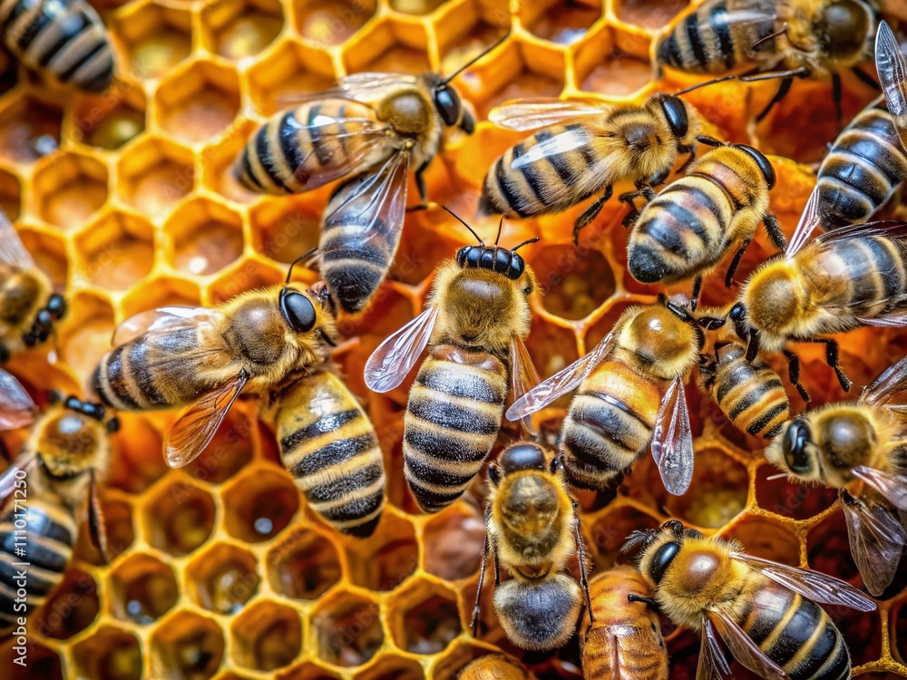 Poster aerial view of busy bees working on honeycomb in a natural habitat showcasing their intricate patter