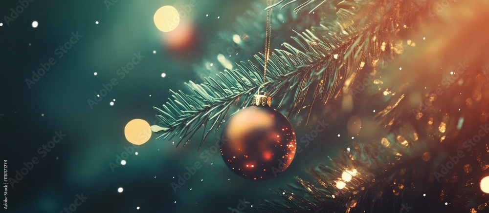 Aufkleber christmas tree close-up with ornaments and lights in retro style soft focus festive ambiance creatin