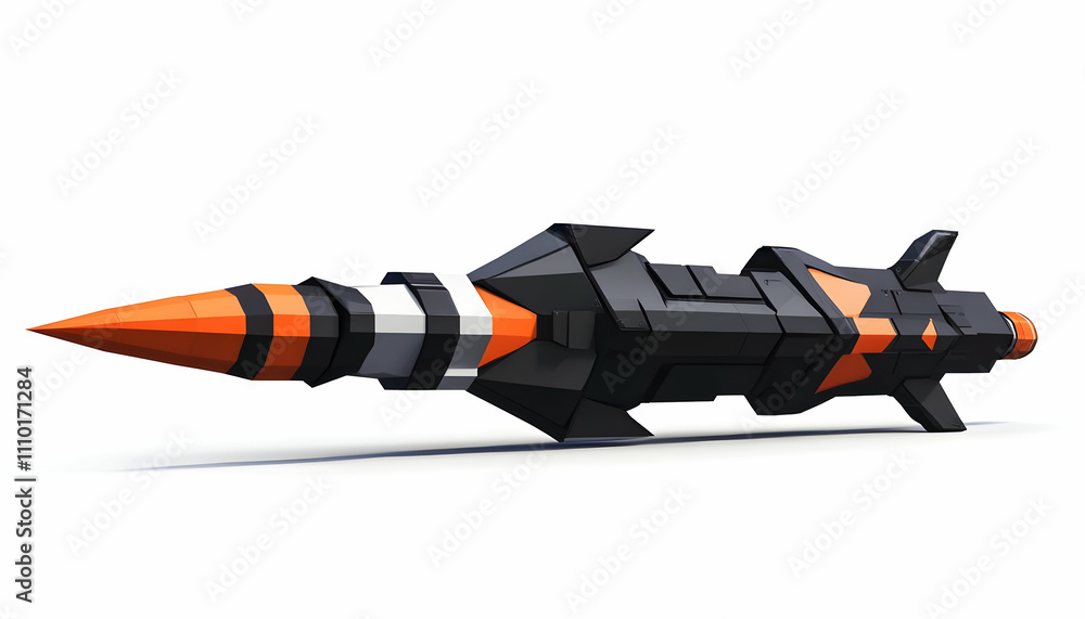 Poster a stylized rocket design with a pointed tip and angular body in black and orange colors.