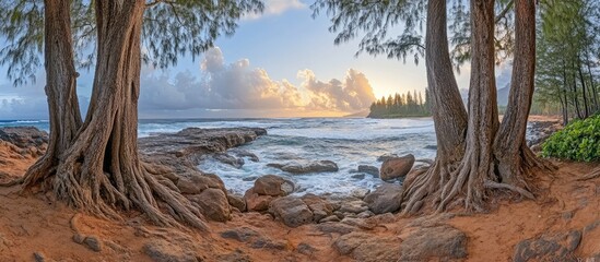 Serene coastal scene at sunrise with ocean waves and lush trees in a national park setting.