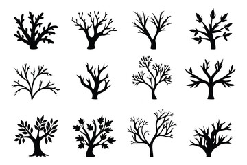 Naked trees set silhouette isolated flat vector illustration on white background
