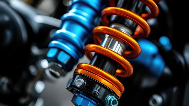 Close up of motorcycle hydraulic shock absorbers showcasing vibrant components in the vibration damping system for optimal performance and control