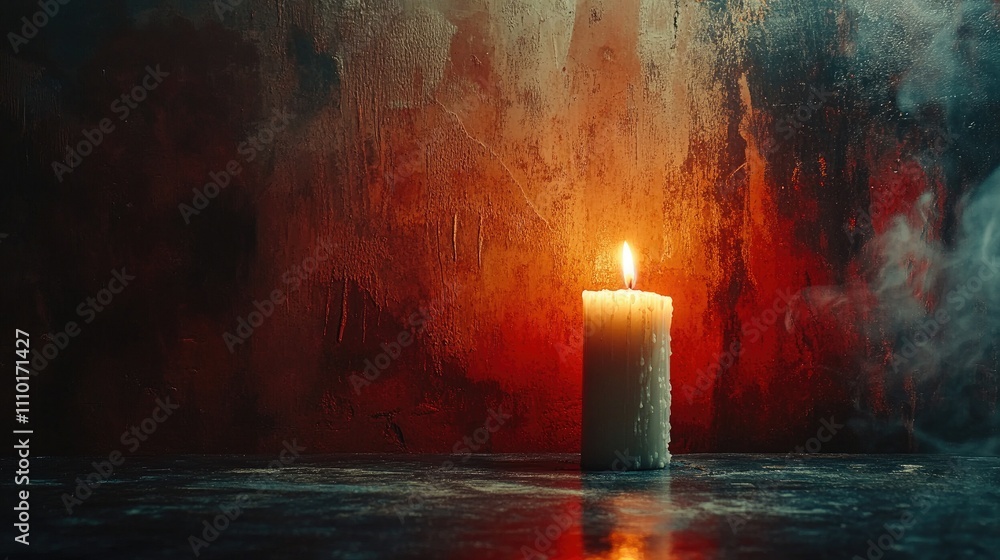 Poster serene lit candle on reflective surface with textured dark background creating a calming atmosphere 