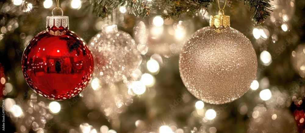 Aufkleber christmas tree decorations with colorful ornaments set against a dazzling bokeh background creating 