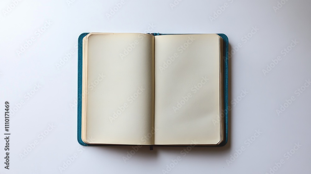 Poster Open blank notebook on white background for template or stationary concept with empty pages ready for notes and ideas