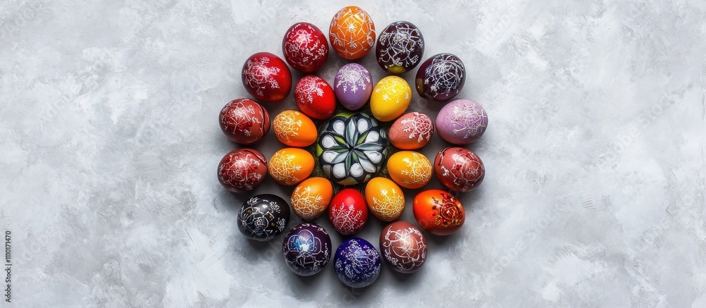 Poster festively arranged decorative easter eggs in a circular pattern viewed from above showcasing vibrant