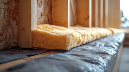 Indoor wall corner showcasing unfinished rock wool thermal insulation layered between wooden frames in a building under construction.