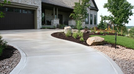 Elegant concrete driveway leading to a modern home surrounded by lush landscaping and natural stone accents.