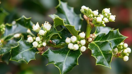 Fototapeta premium Closeup of budding holly flowers surrounded by glossy green leaves in a vibrant spring garden setting