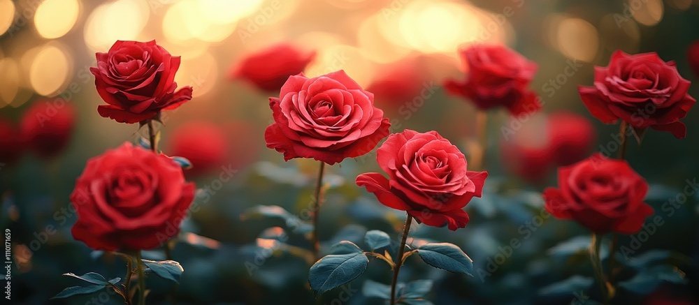Poster vibrant display of blooming red roses with soft golden bokeh background creating a romantic and ench