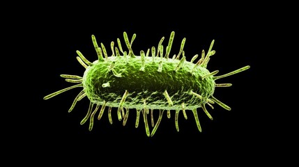 Fototapeta premium A close-up of a green bacterium with hair-like structures on its surface, showcasing its unique shape against a black background.