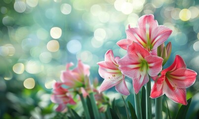 Naklejka premium Garden with beautiful Amaryllis flowers, floral background with copy space.