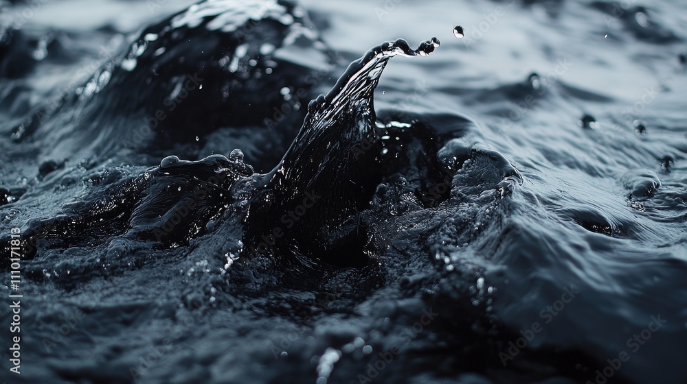 Aufkleber Dynamic black water surface with splashes and ripples reflecting light in a captivating and abstract aquatic scene.