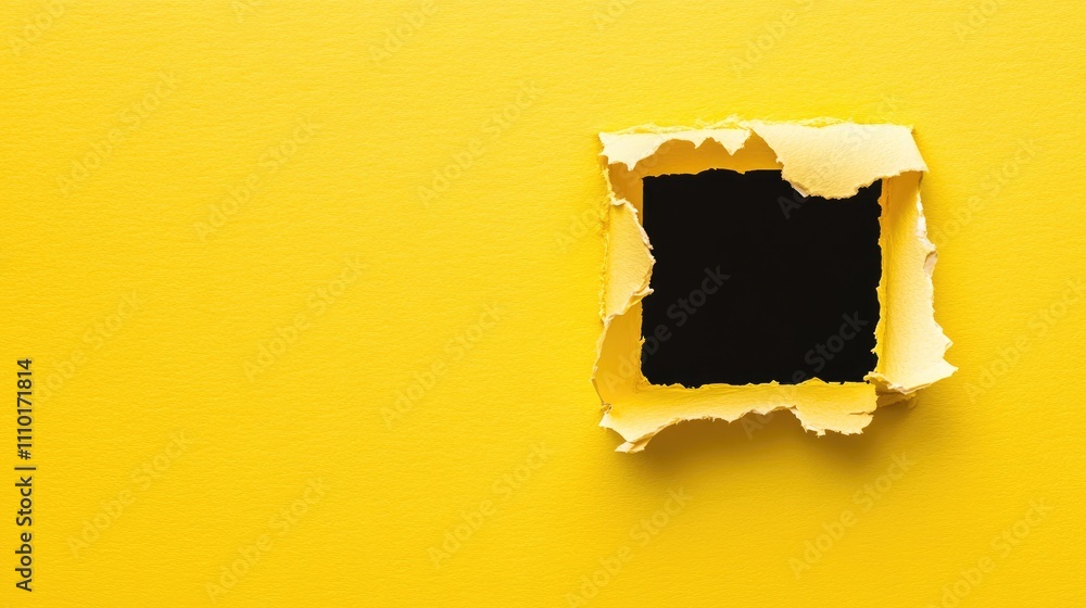 Poster Business solutions concept with torn yellow paper creating a window effect revealing a blank space for creative design and innovation ideas