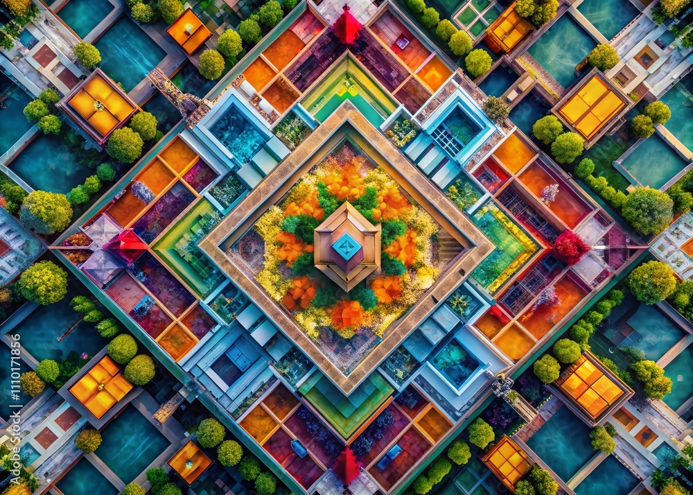 Aufkleber aerial view of colorful geometric shapes forming an abstract pattern with reflective surfaces captur