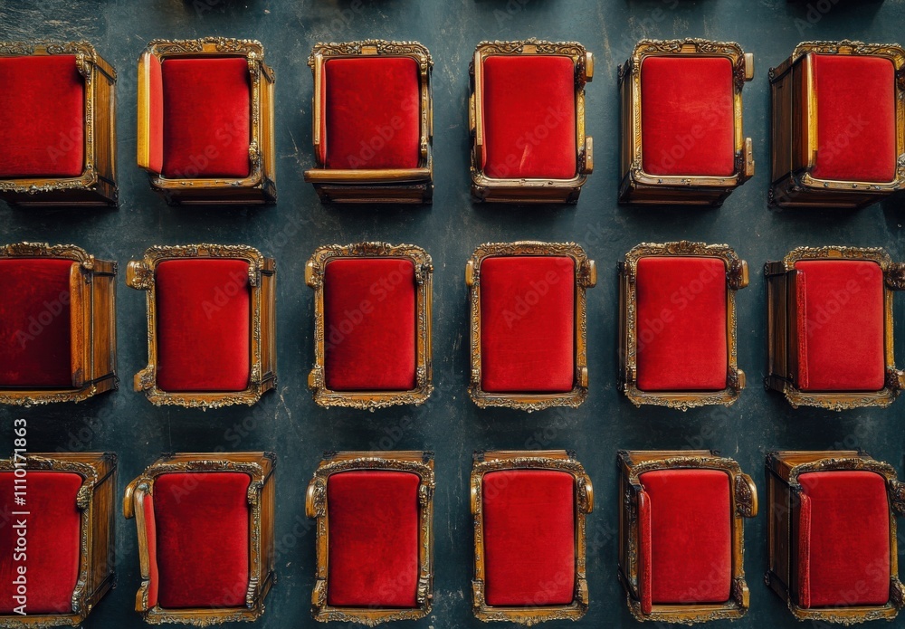 Poster aerial view of luxurious red velvet chairs in ornate golden frames arranged in a symmetrical pattern