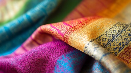 A colorful piece of fabric with gold and blue designs