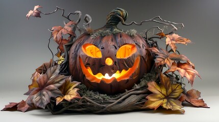 A jack lantern atop a bed of fall foliage with a detailed lighting sculpted visage