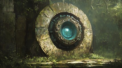 Naklejka premium Ancient stone circle with glowing blue center in jungle ruins.