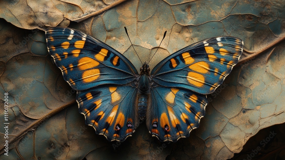 Poster vibrant butterfly with striking blue and orange patterns resting on textured leaves in a natural set