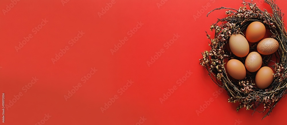 Aufkleber Still life composition of chicken eggs in a natural wreath against a bright red background with ample blank space for text or design elements