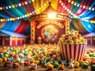 Obraz premium Aerial View of Colorful Popcorn in Circus Theme with Blurred Background of a Vibrant Show, Ideal for World Circus Day Celebrations, Posters, and Event Promotions