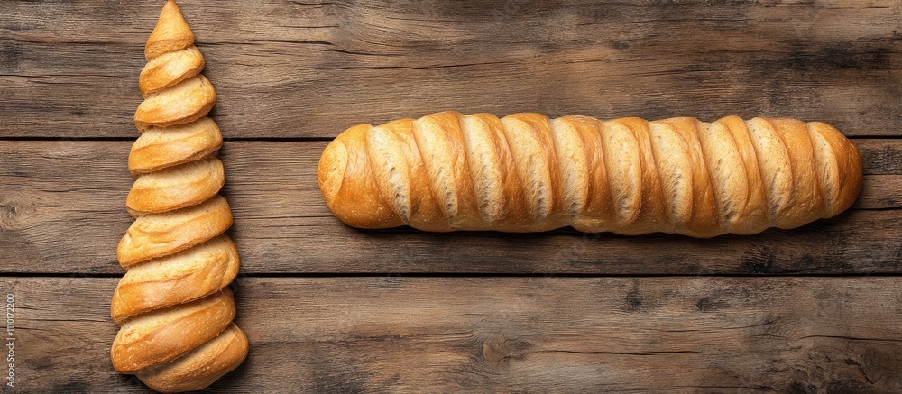 Poster christmas tree shape made from freshly baked bread placed on wooden table background with ample nega