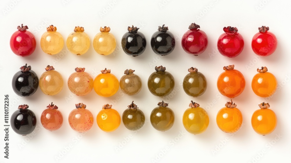 Poster Variety of colorful grape berries displayed on a white background showcasing their unique shapes and vibrant colors
