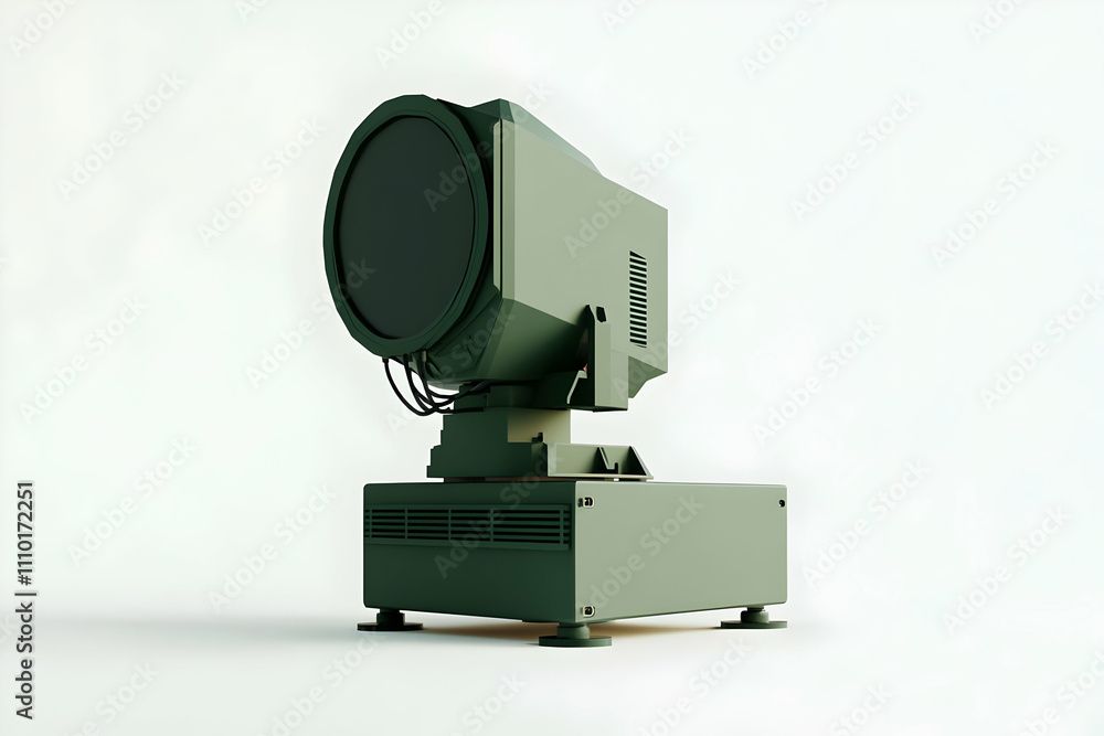 Poster a green radar-like device positioned on a stand, likely used for detection or monitoring.