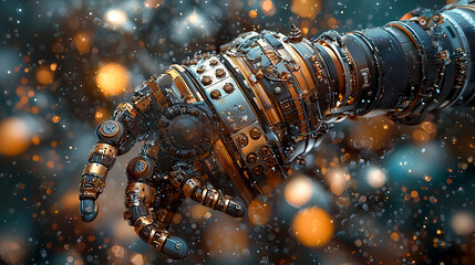 hyper realistic image of AI powered robotic arm showcasing intricate details and metallic textures, evoking sense of advanced technology and innovation