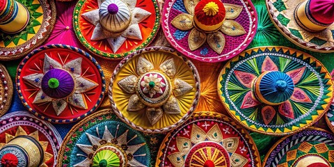 Aerial View of Colorful Sombrero Hats from Mexico Showcasing Traditional Patterns and Textures in a Unique Perspective for Stock Photography Needs
