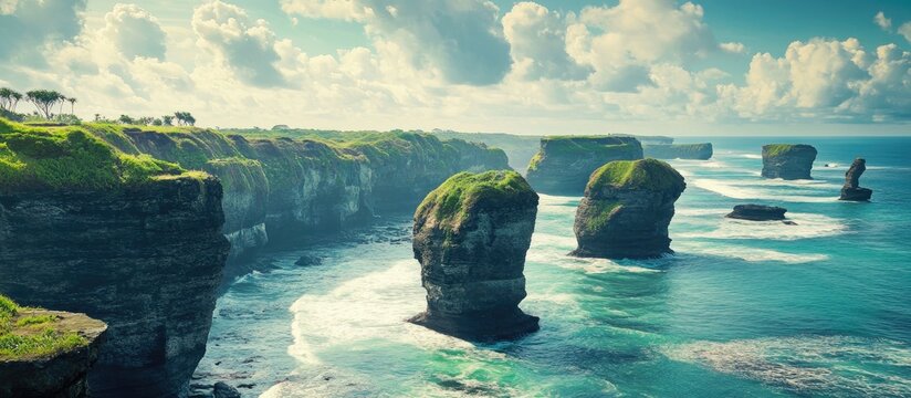Stunning coastal landscape with rocky cliffs and vibrant blue sea under a clear sky during golden hour
