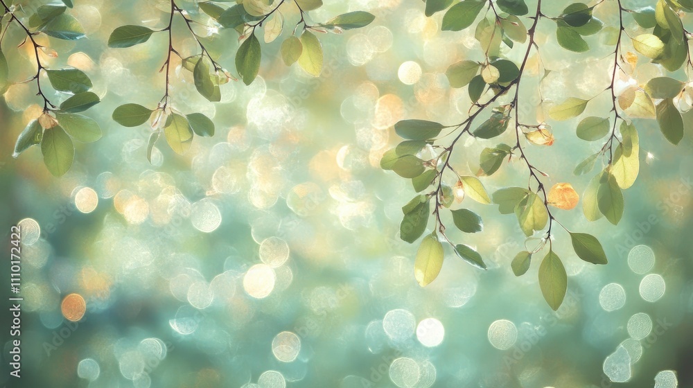 Poster spring nature background with blurred green leaves and bokeh light in a serene outdoor garden settin