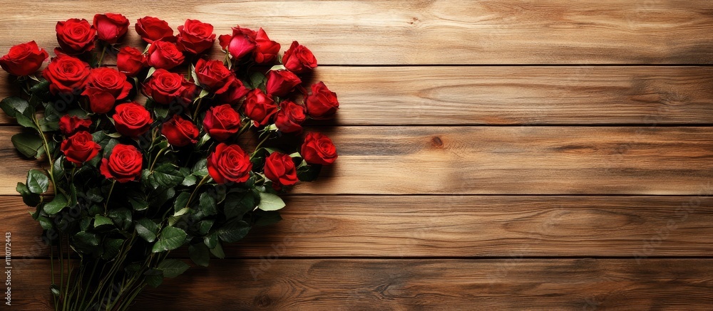 Aufkleber Roses arranged in a heart shape on a wooden background with ample space for text or messages suitable for various occasions