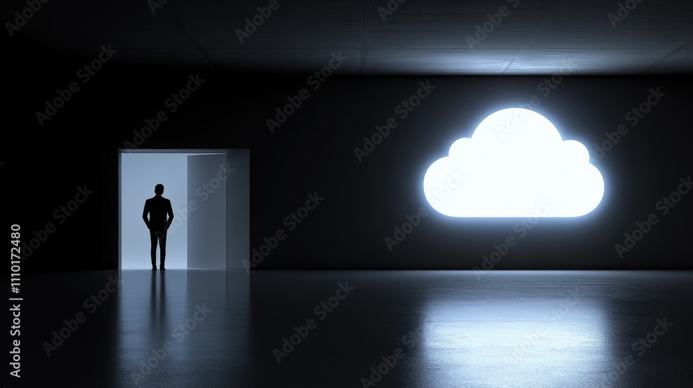 Poster cloud computing technology concept featuring a silhouetted businessman in a dark room with a large i