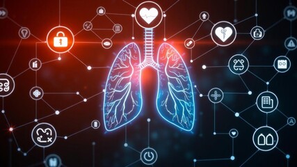 A futuristic medical network interface with lung hologram handled by a professional, medicine,...