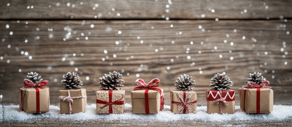 Poster festive christmas backdrop featuring charming small presents adorned with conifer and snowflakes aga