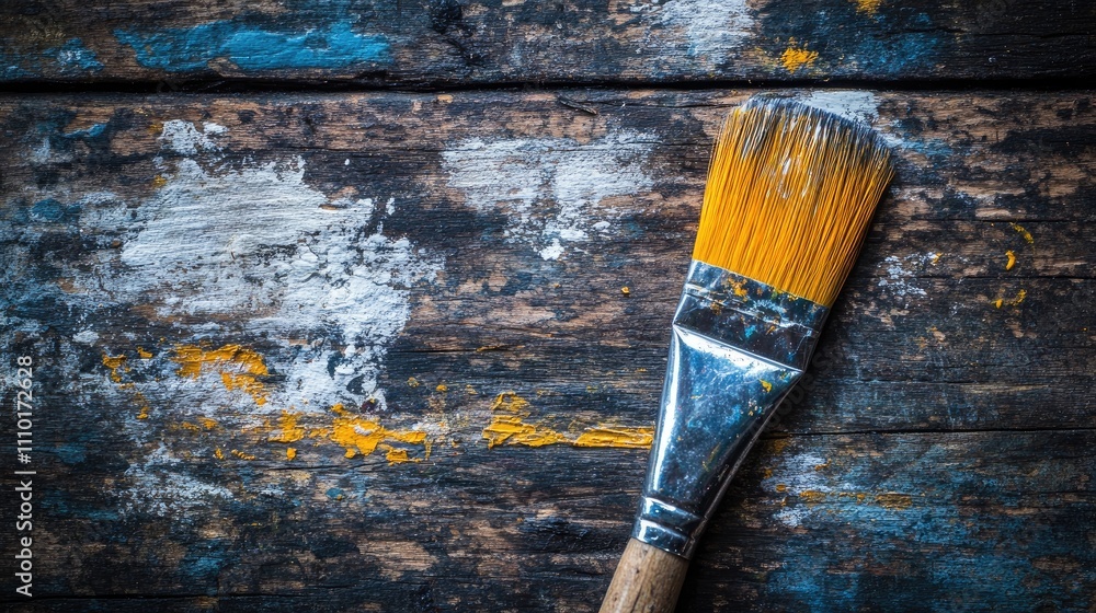 Aufkleber Brush with white paint on weathered wooden surface creating an artistic texture and rustic background for creative projects.