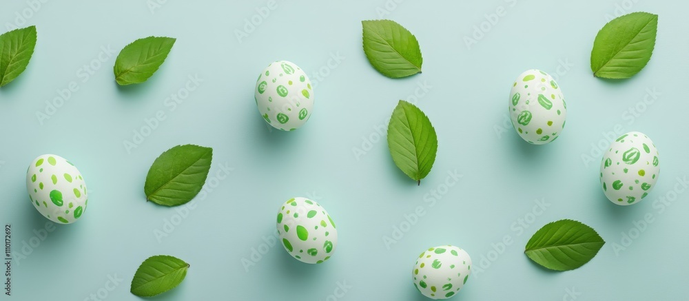 Poster easter eggs decorated with green patterns surrounded by fresh leaves on a light blue background flat