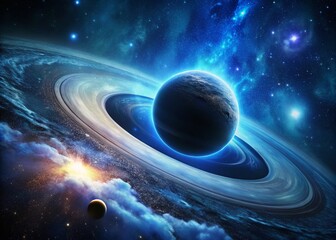 Aerial View of Dark Space Featuring a Glowing Blue Planet Surrounded by Rings, a Black Hole, and Various Sized Rings, Capturing the Wonders of the Universe in Stunning Detail
