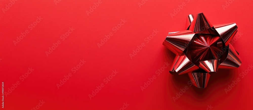 Aufkleber Gift wrapping background featuring a shiny metallic bow on vibrant red paper with ample blank space for text or design elements.