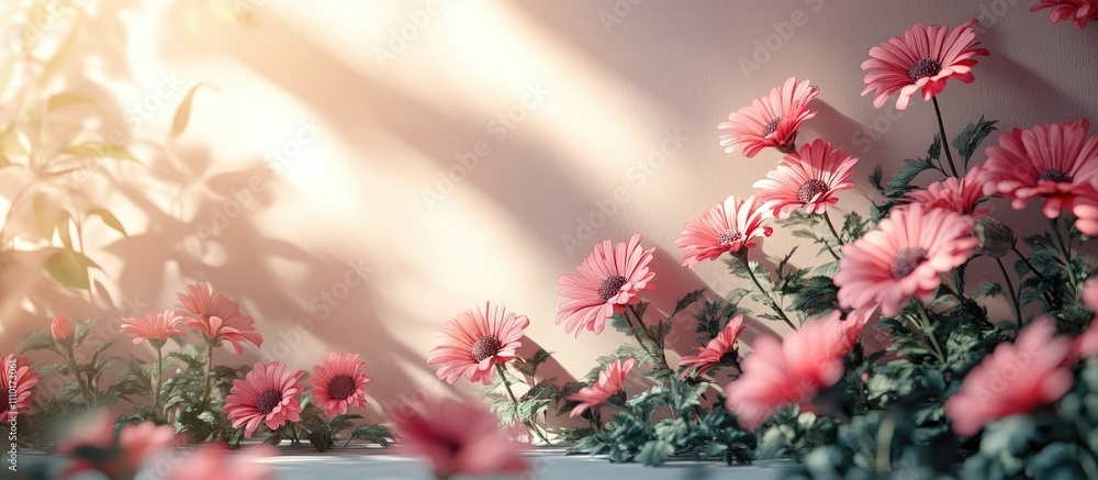 Poster pink gerbera flowers casting soft shadows on a wall with blank paper sheets for elegant business bra
