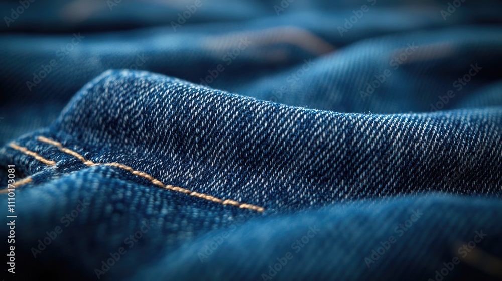 Poster close up view of textured blue denim fabric showcasing the intricate weave and stitching highlightin
