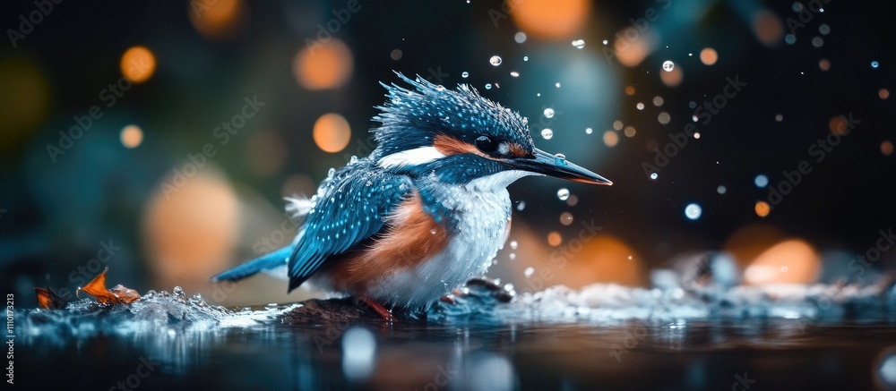 Aufkleber Vibrant kingfisher perched by a shimmering river with sparkling water droplets creating a serene nature scene in soft focus background.