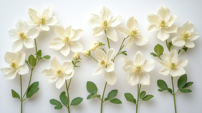 Delicate white columbine flowers arranged elegantly on a soft white background for a fresh and serene floral design. - Powered by Adobe