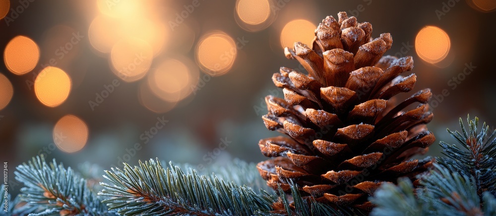 Poster festive pine cone with blurred holiday lights creating a warm and inviting atmosphere for greeting c