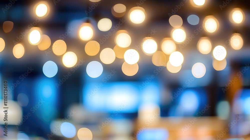 Poster Abstract blurred background of illuminated lights in a vibrant supermarket setting creating a warm and inviting atmosphere