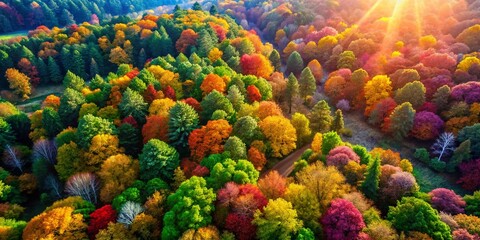 Aerial View of Diverse Tree Species in a Natural Landscape Showcasing Their Unique Shapes, Sizes, and Colors Under Bright Sunlight Creating a Vibrant and Lush Environment